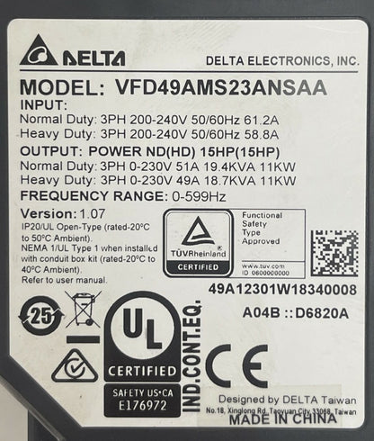 DELTA VFD49AMS23ANSAA DRIVE INPUT 200-240V OUTPUT 0-230V 51A 19.4KVA VER 1.07