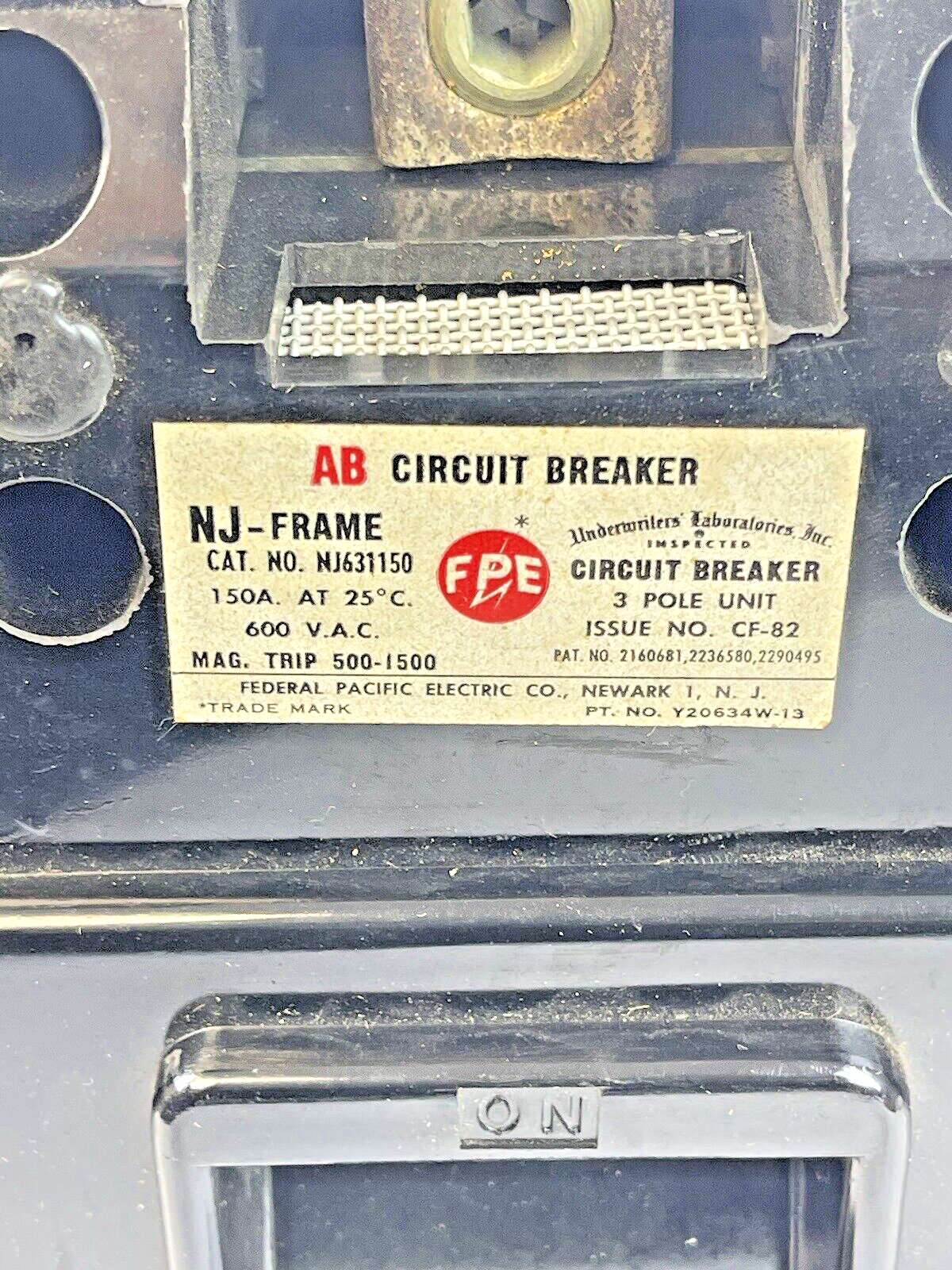 FEDERAL PACIFIC - 6315 - 3 POLE, 150A, 600 VAC AB CIRCUIT BREAKER - NJ631150