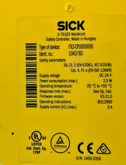 SICK FX3-CPU000000 SAFETY CONTROLLER FLEXI SOFT 3A 24VDC
