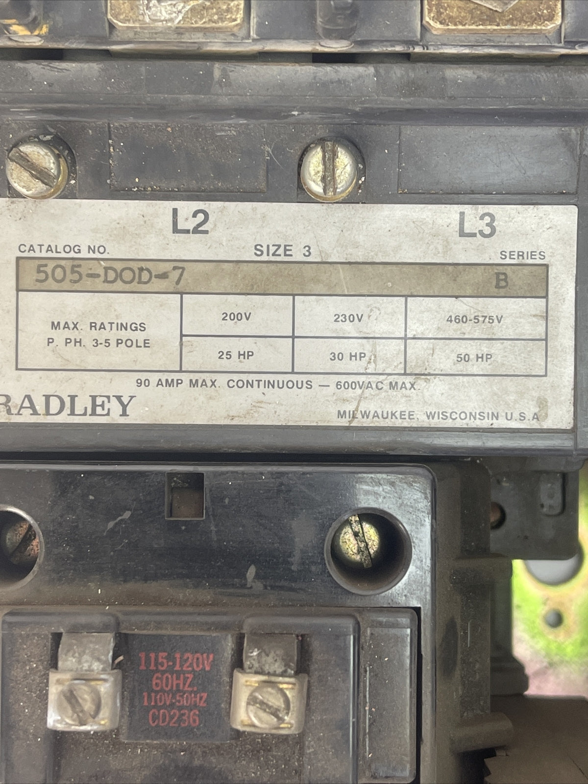 ALLEN BRADLEY 505-DOD-7 SIZE 3 REVERSING STARTER 90A 600VAC 50HP COIL 115-120V
