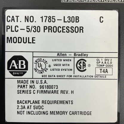 ALLEN BRADLEY 1785-L30B SER C FORMWARE REV H PLC 5/30 PROCESSOR MODULE 2.3A@5VDC