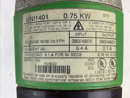 CONTROL TECHIQUES UNI1401 UNIDRIVE 0.75KW OUTPUT 380/480V 2.1A INPUT 380/480V