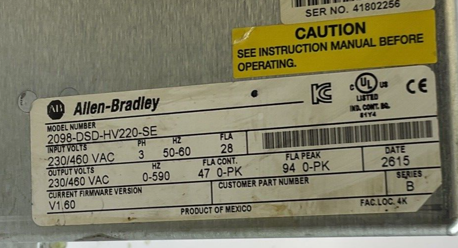ALLEN BRADLEY  2098-DSD-HV220-SE SERVO DRIVE SER.B  3PH FIRM V1.60 COVER BROKEN