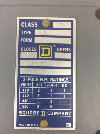 SQUARE D CLASS 9013 TYPE ALW-3 PRESSURE SWITCH 550V CLOSES 35 OPEN 30