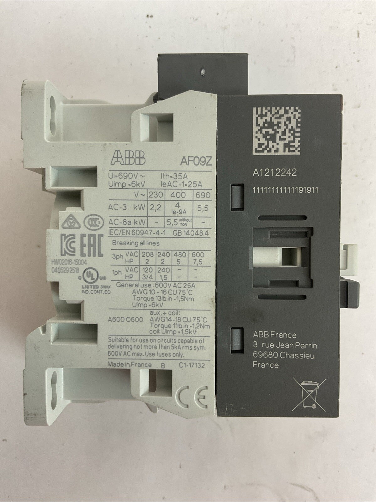 ABB AF09Z-30-01-21 CONTACTOR 600VAC 25A 3PH 7.5HP 24-60V 50/60HZ 20-60VDC