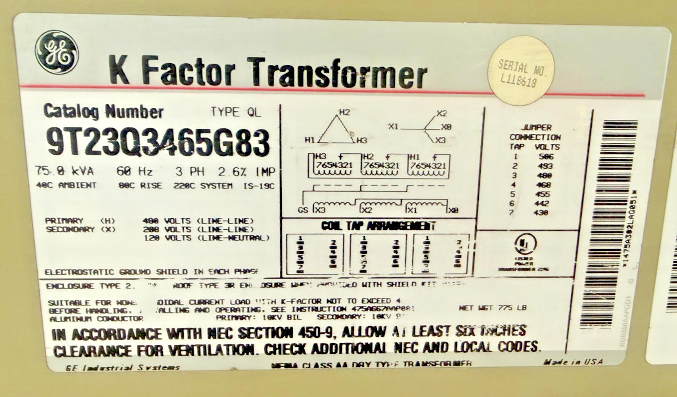 GE 9T23Q3465G83 K FACTOR TRANSFORMER 75KVA 60HZ 3PH TYPE QL