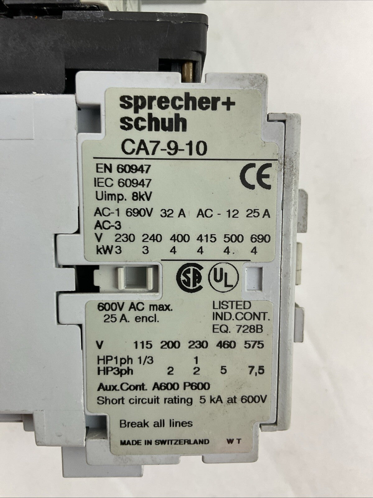 SPRECHER+SCHUH KTA7-25S-1.6A CIRCUIT BREAKER 1.0-1.6A CA7-9-10 CONTACTOR 277V