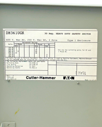 CUTLER-HAMMER - DH361UGK - HD SAFETY SWITCH - 30A/ 600VAC/250VDC/ 3 POLE/ TYPE 1