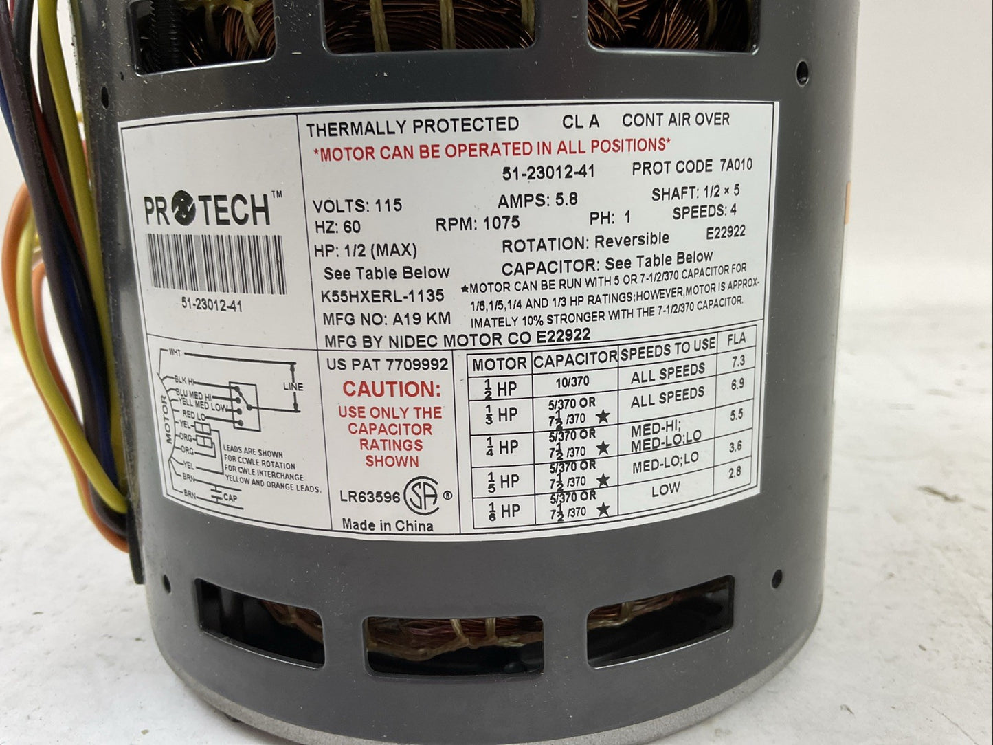 PROTECH 51-23012-41 BLOWER MOTOR 115V 60HZ 5.8A 1075RPM 4 SPEEDS 1PH 1/6-1/2HP
