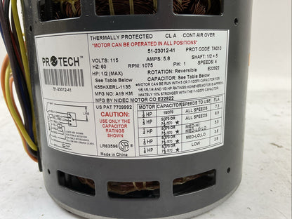 PROTECH 51-23012-41 BLOWER MOTOR 115V 60HZ 5.8A 1075RPM 4 SPEEDS 1PH 1/6-1/2HP