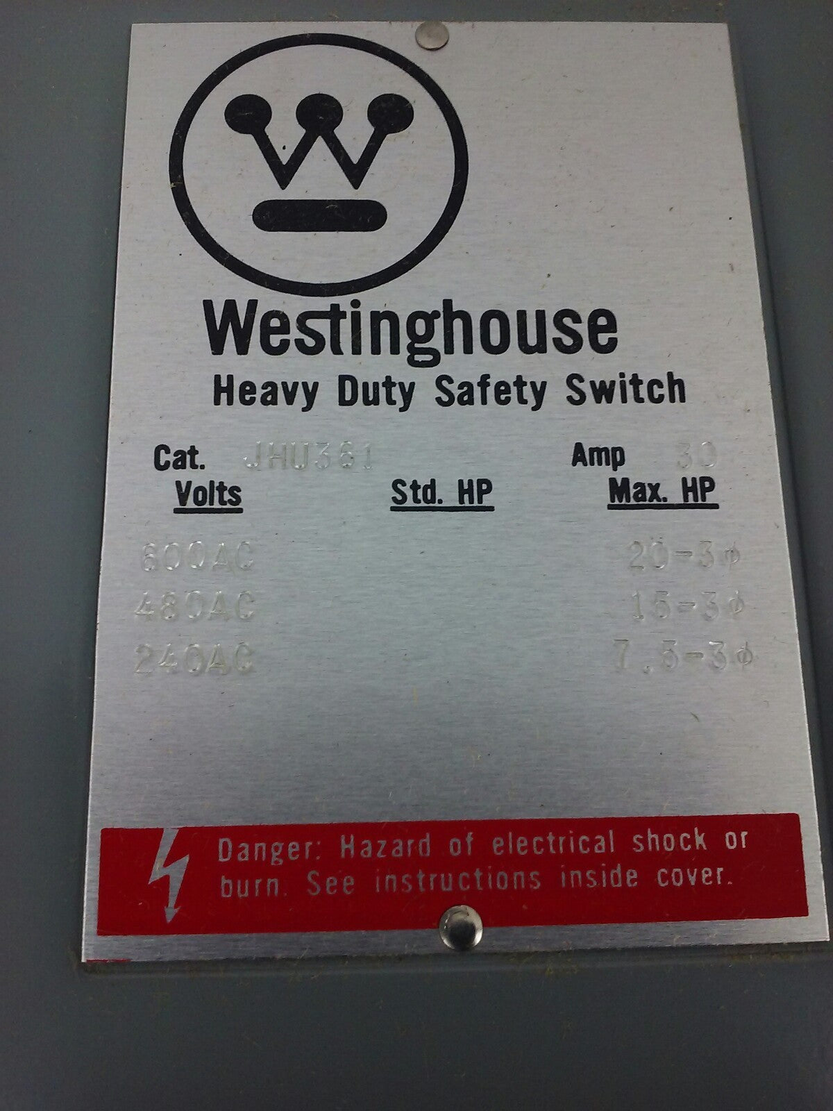 WESTINGHOUSE JHU361 H.D. SAFETY SWITCH NON FUSIBLE, 3PH, 30A, 600V, 20HP NEMA 12
