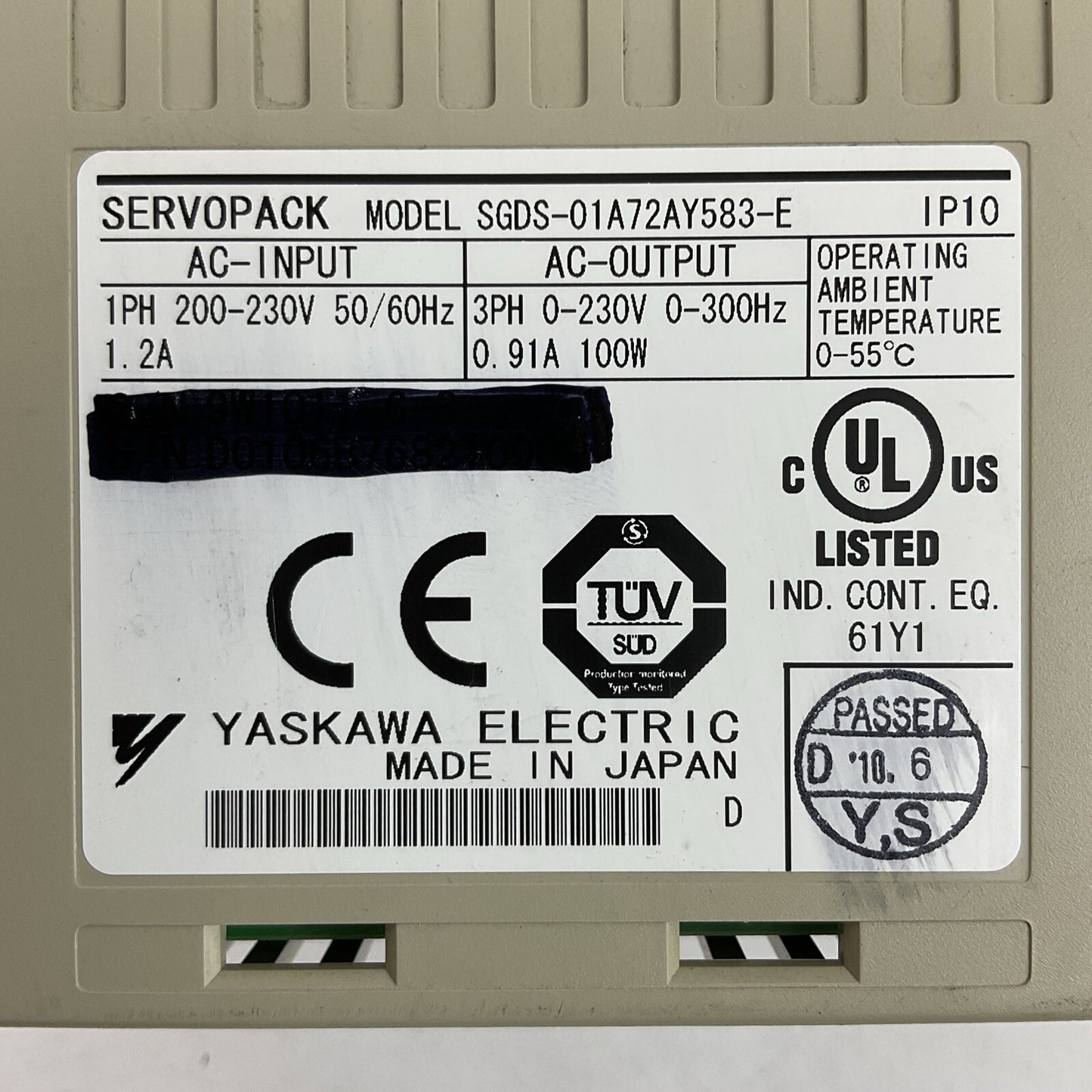 YASKAWA SGDS-01A72AY583-E SERVOPACK 230VAC SERVO DRIVE