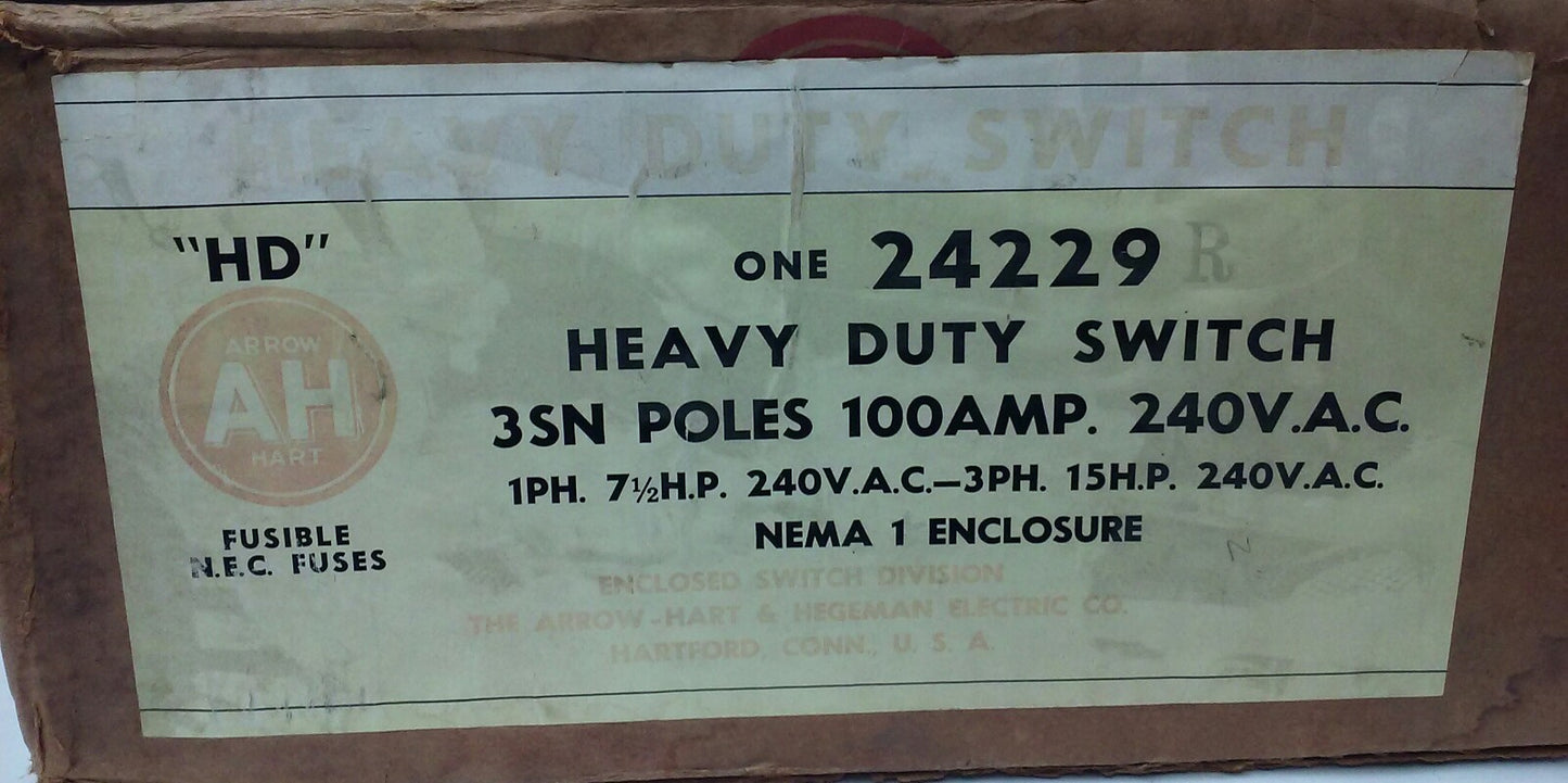 ARROW HART 24299R ENCLOSED SWITCH TYPE HD, 2P, POLES 3SN, 100A, 240V,FUSIBLE,NEW