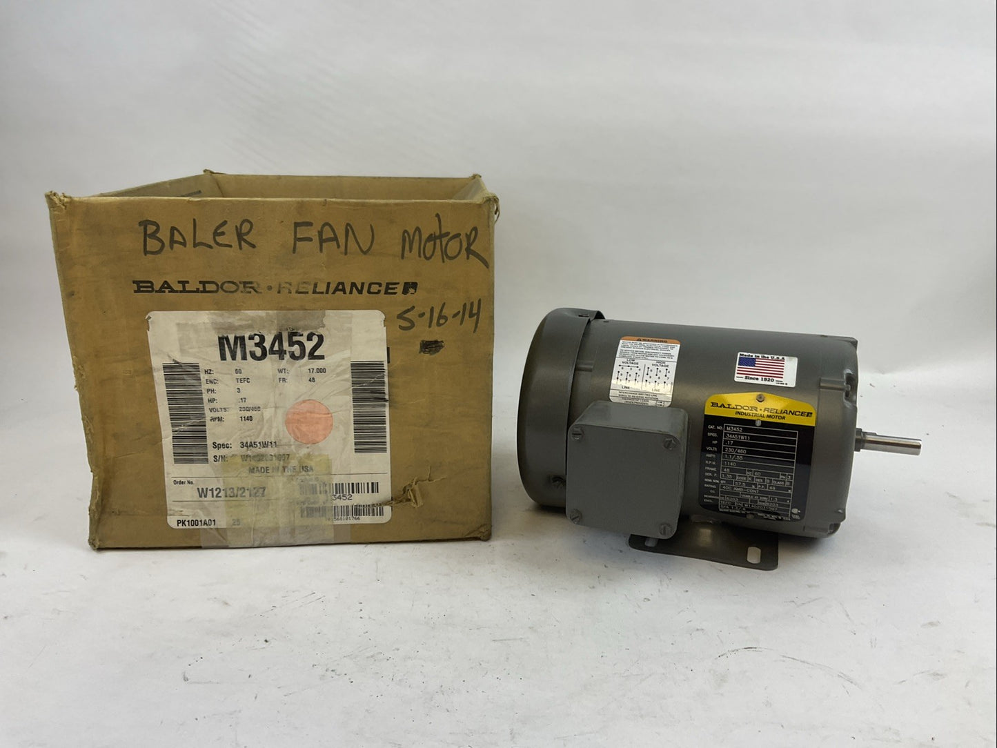 BALDOR M3452 34A51W11 INDUSTRIAL MOTOR 0.17HP 230/460V 1.1/.55A 1140RPM 60HZ 3PH