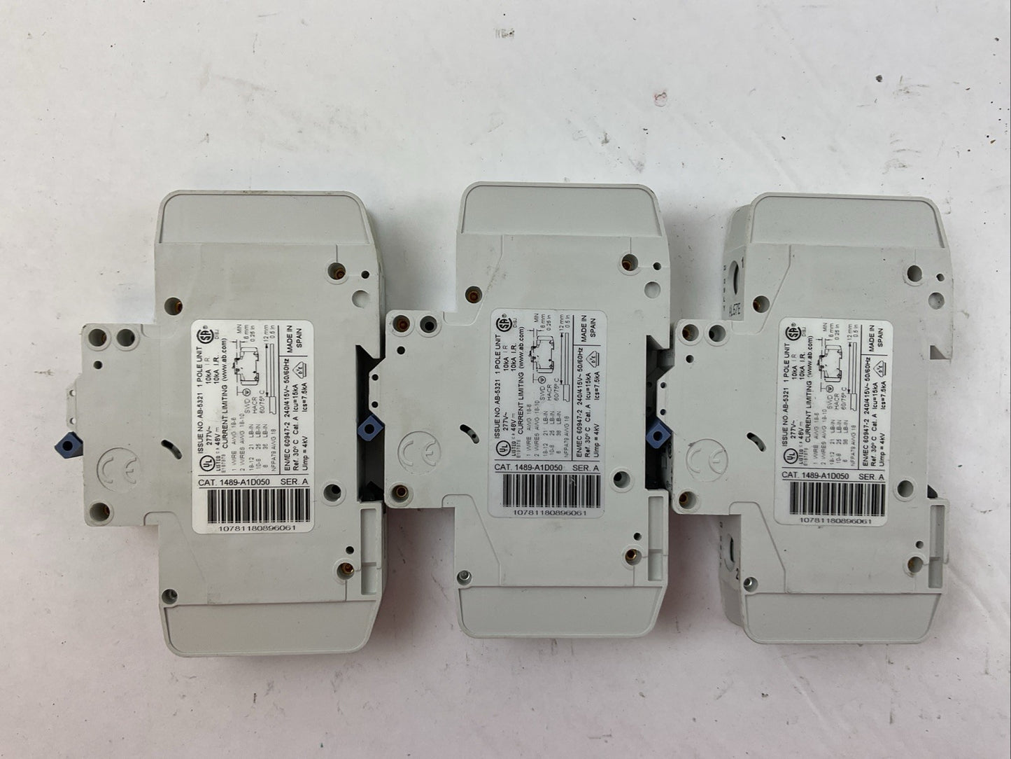 ALLEN BRADLEY 1489-A1D050 SER A CIRCUIT BREAKER 277VAC 48VDC 5AMP (LOT OF 3)