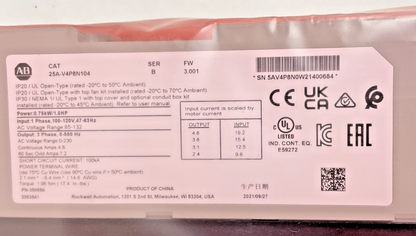 ALLEN BRADLEY 25A-V4P8N104 AC DRIVE 132V 1PH SER.B 1HP FW:3.001 4.8A