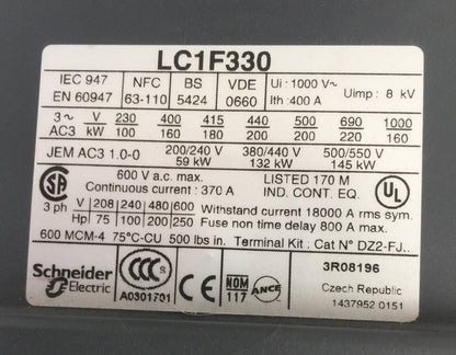 TELEMECANIQUE LC1F330 CONTACTOR 600VAC 370A 250HP LX1FH1102 110-115V 40-400HZ