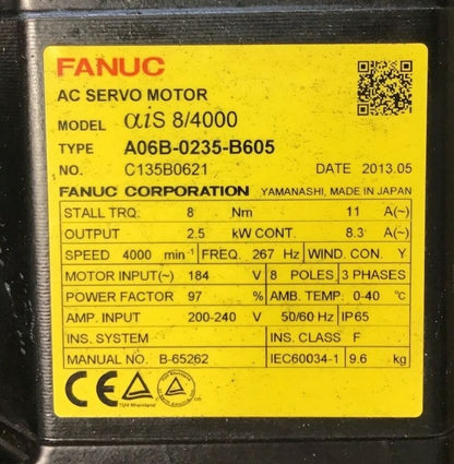 FANUC A06B-0235-B605 AC SERVO MOTOR AIS 8/4000 200-240V 50/60HZ 8POLE 3 PHASE