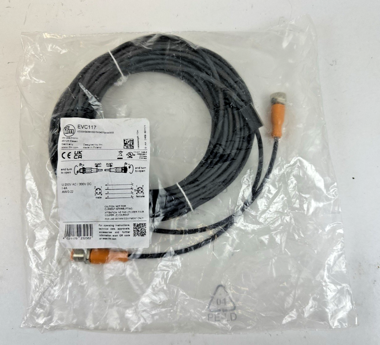 IFM EVC117 VDOGH040MSS0015H04STGH040MS CORDSET CABLE 15M 250V-AC 300V-DC