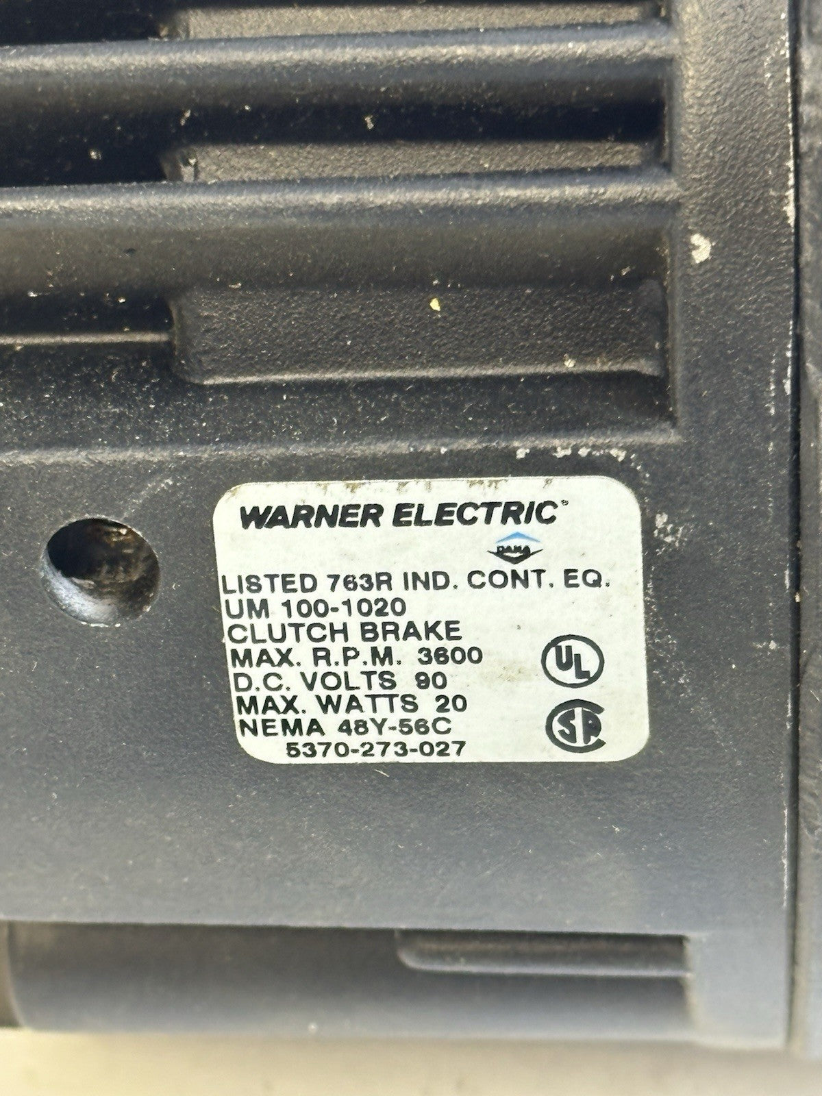 WARNER ELECTRIC UM 100-1020 CLUTCH BRAKE 90VC NEMA 48Y/56C 3600 RPM 5370-273-027