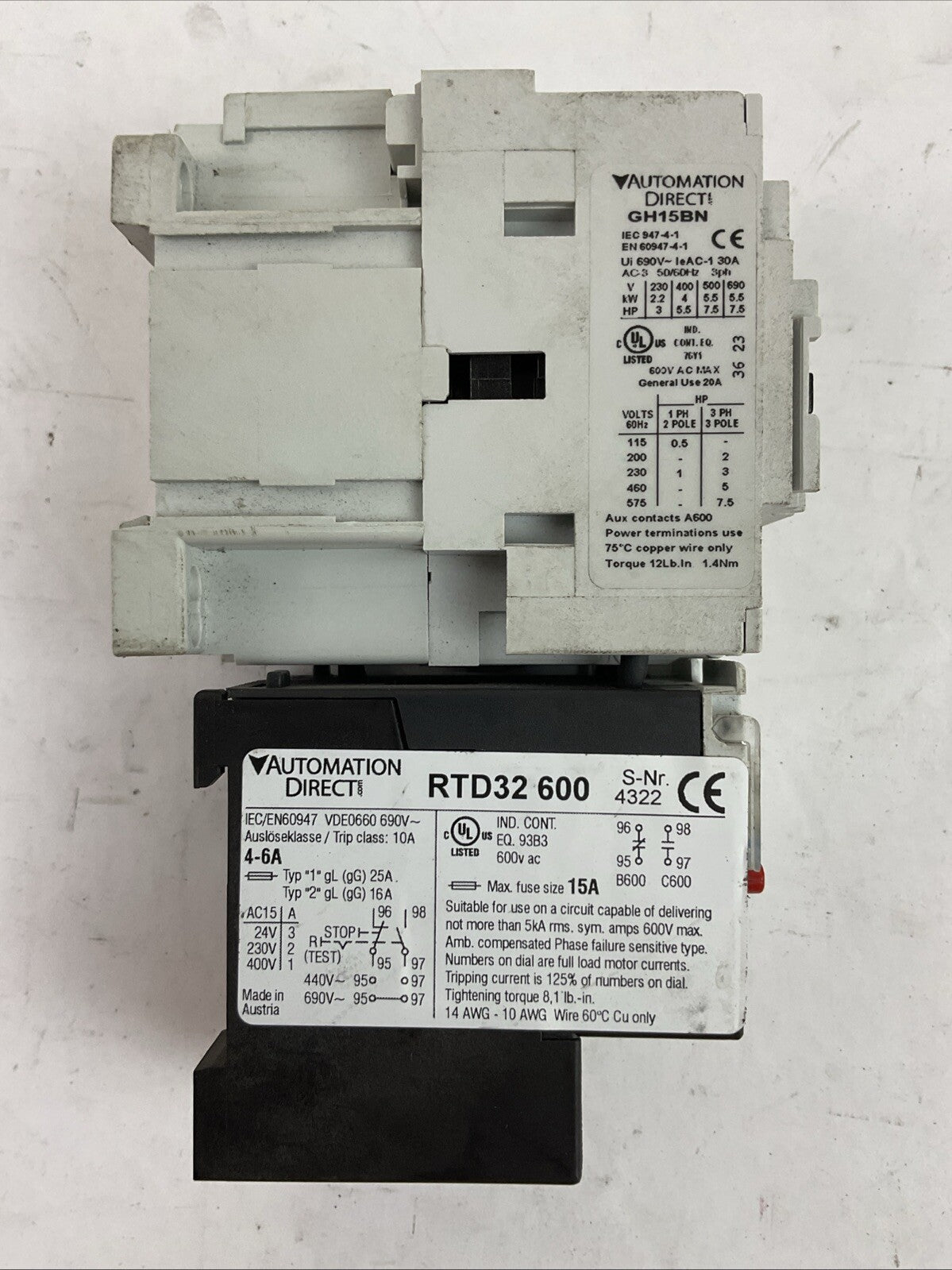 AUTOMATIONDIRECT STARTER (GH15BN CONTACTOR COIL 110-120V + RTD32 600 RELAY 4-6A)