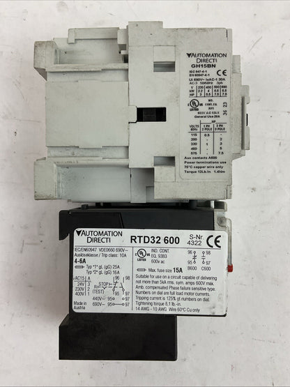 AUTOMATIONDIRECT STARTER (GH15BN CONTACTOR COIL 110-120V + RTD32 600 RELAY 4-6A)
