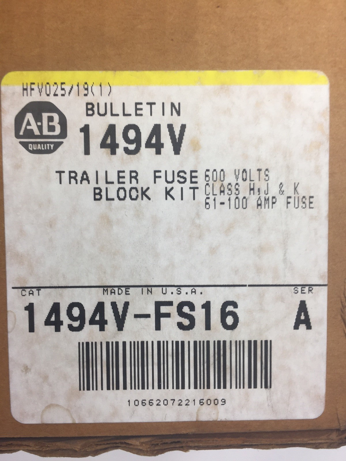 ALLEN BRADLEY 1494V-FS16 TRAILER FUSE BLOCK KIT 600V CLASS H J & K61-100A FUSE