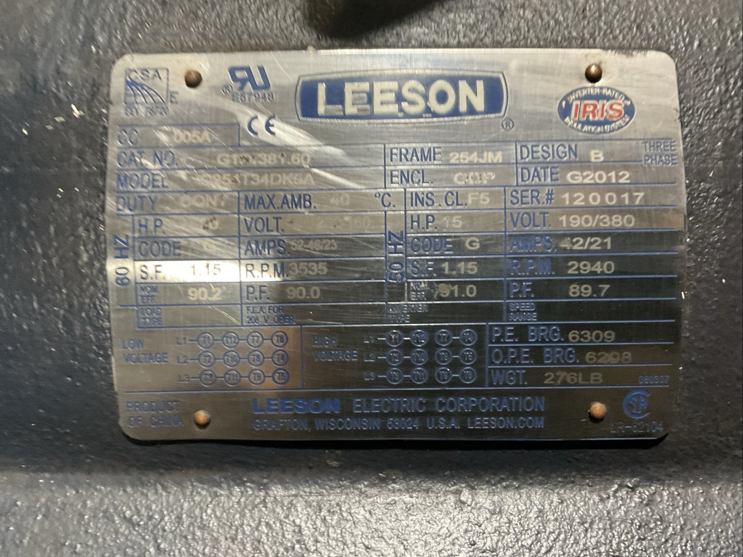 LEESON G151381.60 20HP 3535 RPM 208-230/460V 60HZ 3 PHASE 1-1/4" SHAFT DIA