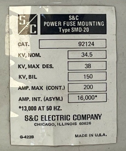 S&C 92124 POWER FUSE TYPE SMD-20 OUTDOOR KV NOM. 34.5 KV MAX 38 KV BIL 150 200E