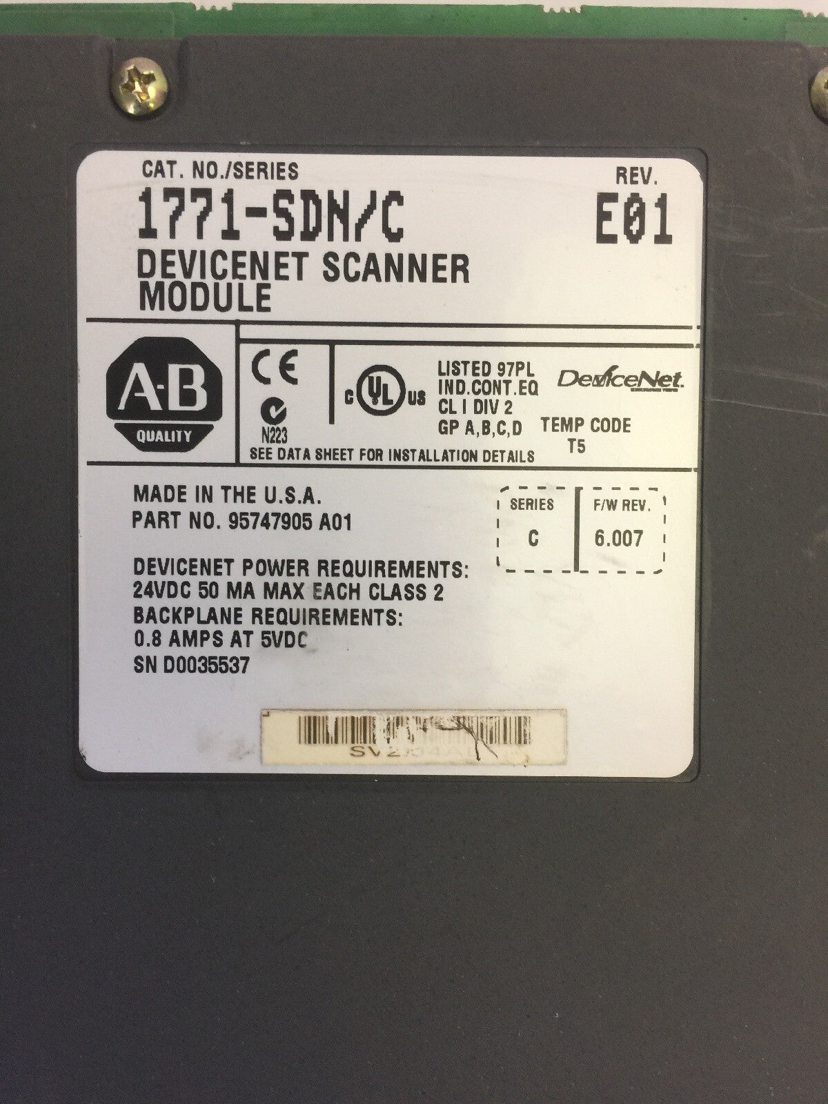 ALLEN BRADLEY 1771-SDN/C DEVICENET SCANNER MODULE REV E01