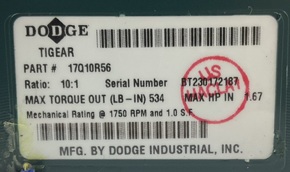 DODGE 17Q10R56 TIGEAR GEAR REDUCER RATIO 10:1 1750RPM