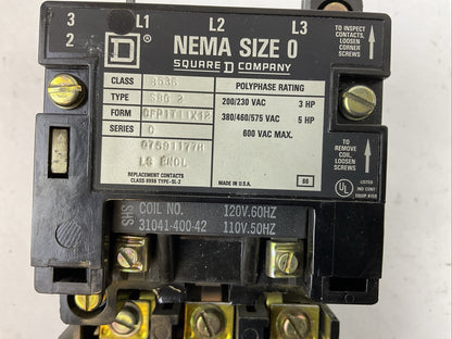 SQUARE D 8536SBG2 SIZE 0 STARTER 600VAC 5HP B8.20 HEATERS 31041-400-42 COIL 120V