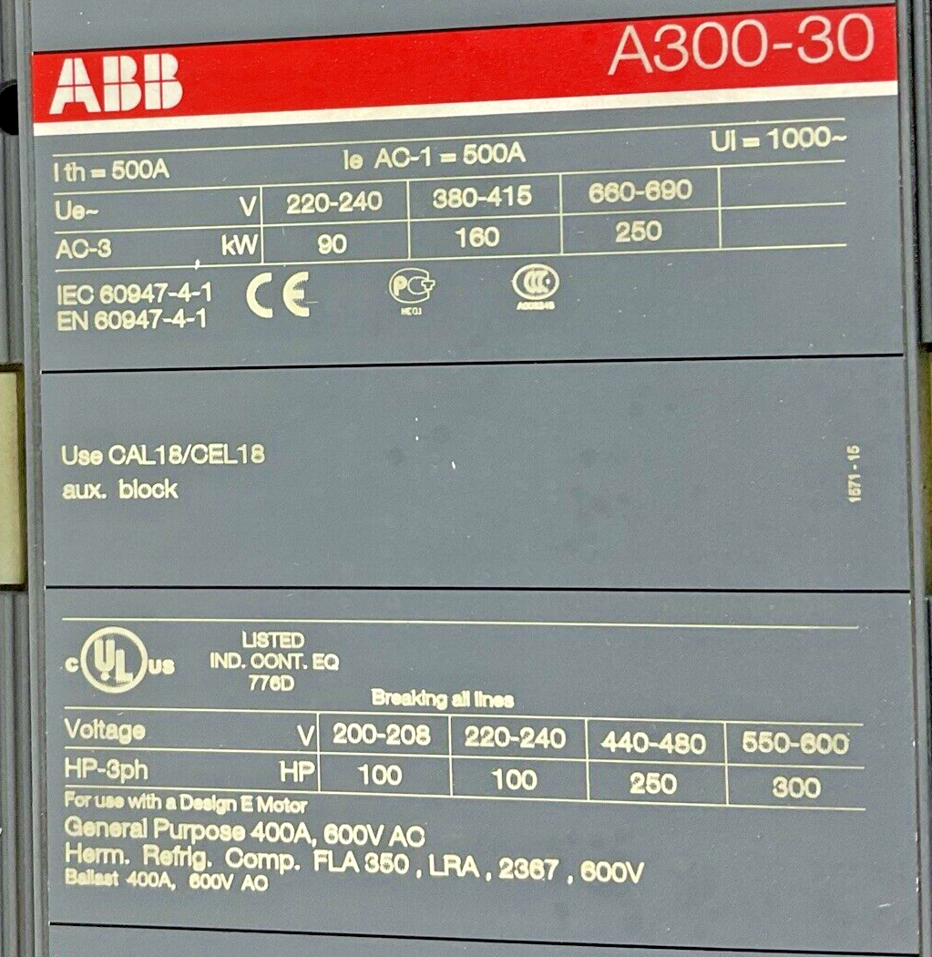 ABB A300-30 CONTACTOR 600VAC 400A 3PH 300HP
