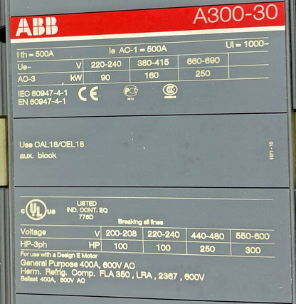 ABB A300-30 CONTACTOR 600VAC 400A 3PH 300HP