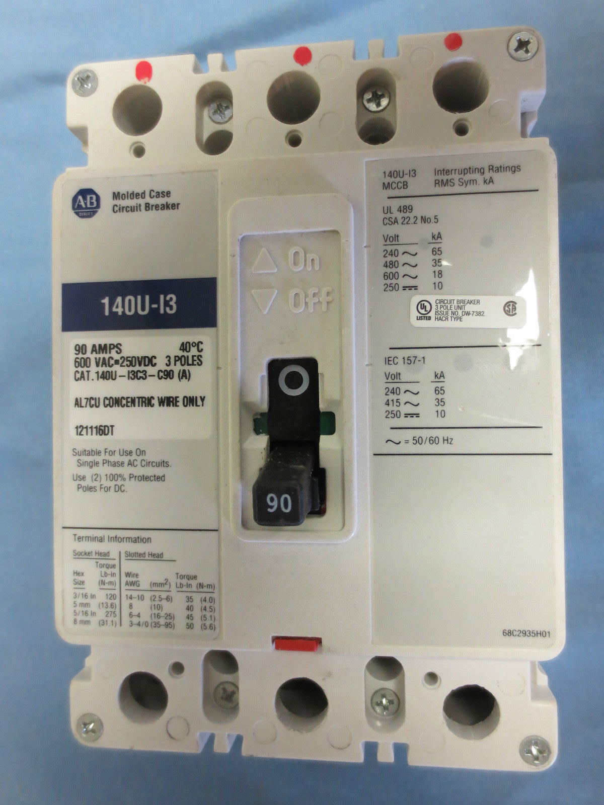 ALLEN-BRADLEY 140U-I3C3-C90 MCCB CIRCUIT BREAKER - 90A 600VAC 250VDC NEW SURPLUS