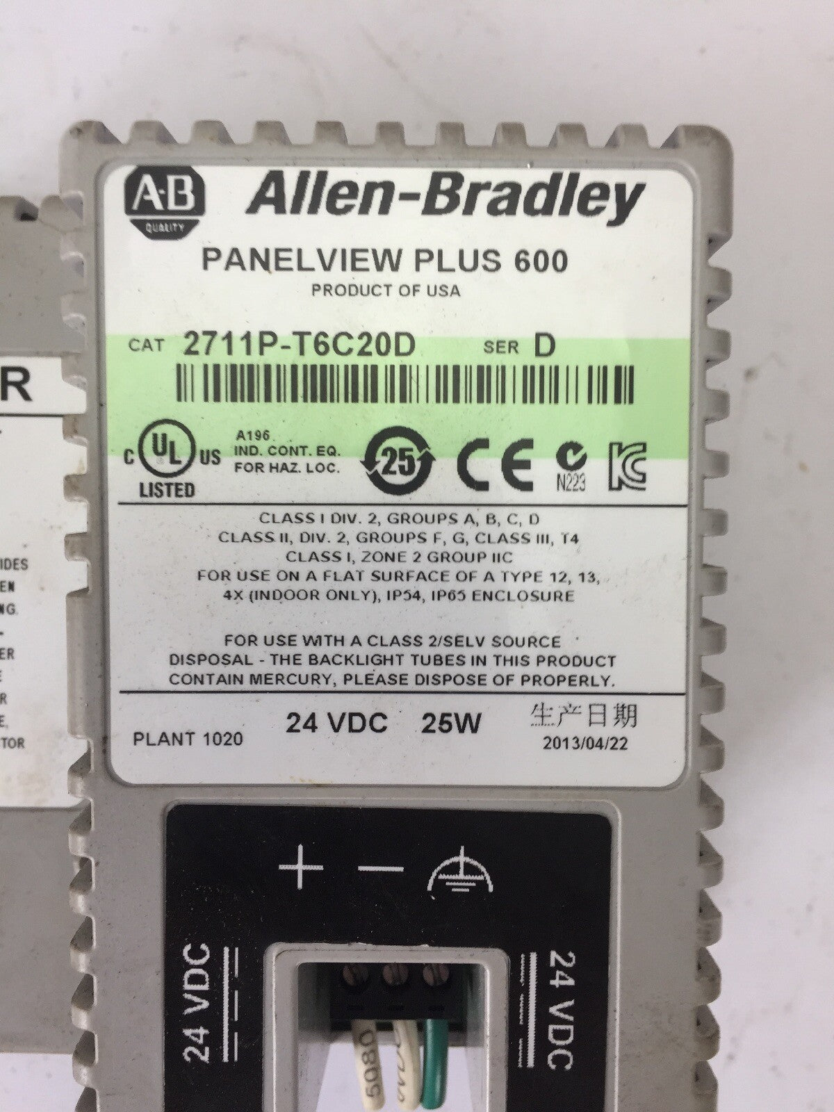ALLEN BRADLEY 2711P-T6C20D PANELVIEW PLUS 600 24VDC 25W SER D