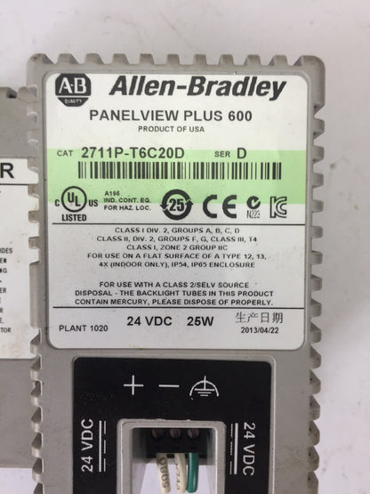 ALLEN BRADLEY 2711P-T6C20D PANELVIEW PLUS 600 24VDC 25W SER D