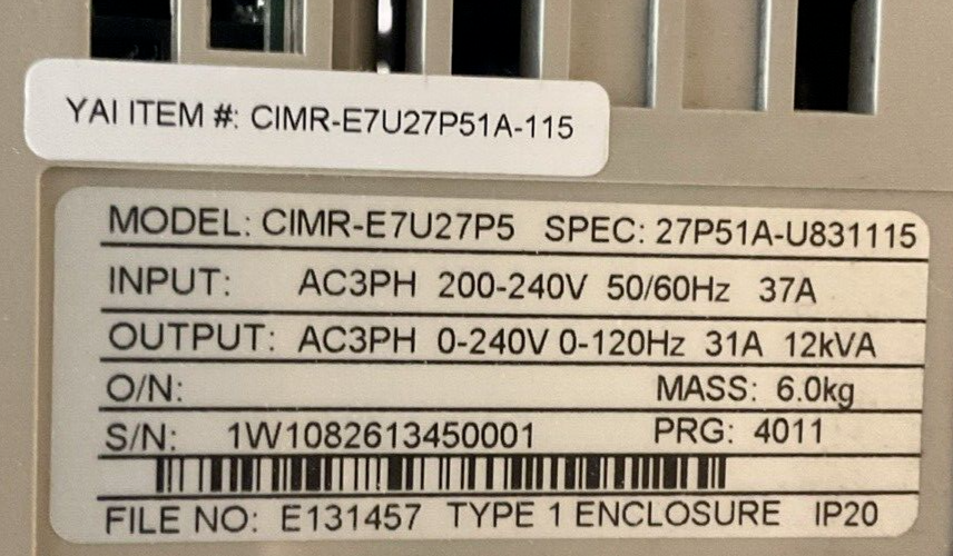 YASKAWA E7NVD024CGXY3 E7 DRIVE BYPASS OUTPUT 0-200VAC 3PH 24.2A INPUT 200VAC 3PH