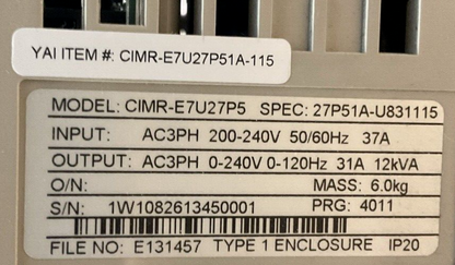 YASKAWA E7NVD024CGXY3 E7 DRIVE BYPASS OUTPUT 0-200VAC 3PH 24.2A INPUT 200VAC 3PH