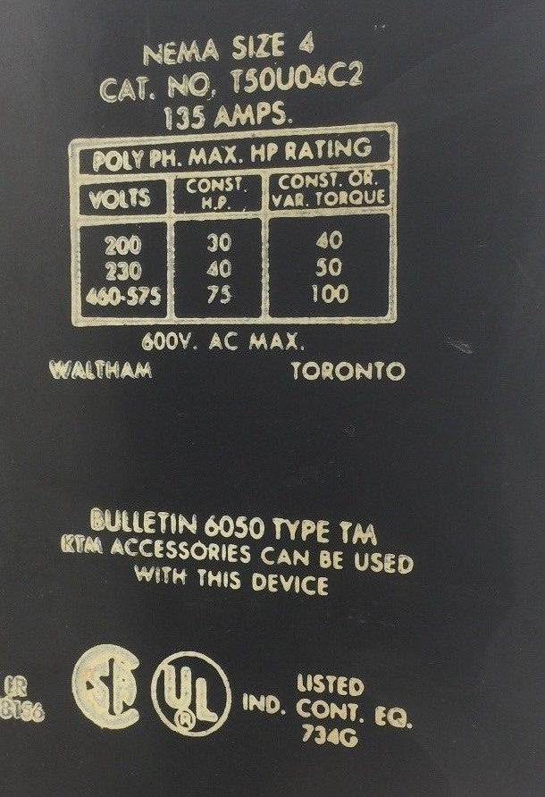 SYLVANIA T50U04C2 SIZE 4 STARTER 600VAC 135A TYPE TM