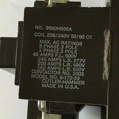 CUTLER HAMMER DEFINTITE PURPOSE CONTACTOR 9560H956A 208/240V 50/60CY