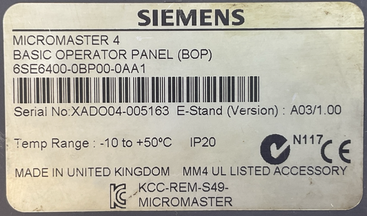 SIEMENS 6ES6400-0BP00-0AA1 MICRO MASTER 4 BASIC OPERATOR PANEL VERSION A03/1.00