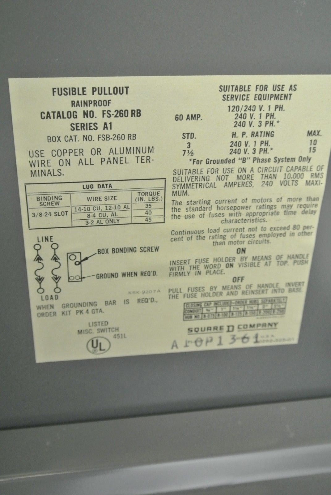 SQUARE D FS-260RB ENCLOSED FUSIBLE PULLOUT, RAINPROOF 120/240VAC 60A NEW SURPLUS