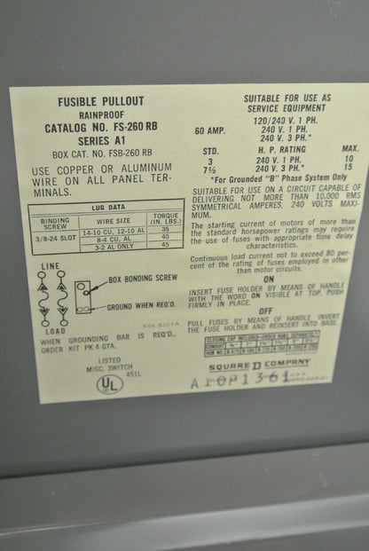 SQUARE D FS-260RB ENCLOSED FUSIBLE PULLOUT, RAINPROOF 120/240VAC 60A NEW SURPLUS