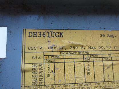 EATON / CUTLER-HAMMER DH361UGK 600V 30A HEAVY DUTY FUSIBLE SAFETY SWITCH