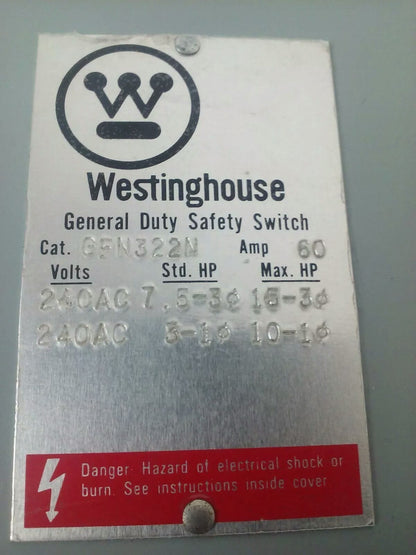WESTINGHOUSE GFN322N FUSIBLE SAFETY SWITCH 2P 60A 240V 15HP TYPE 1 INDOOR