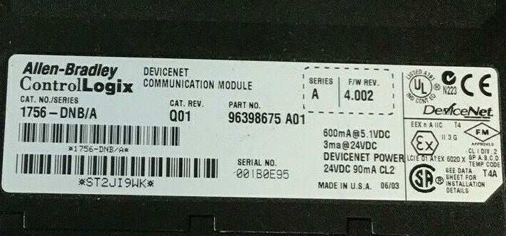 ALLEN BRADLEY 1756-DNB/A CAT.REV.Q01 SER. A F/W RE.4.002 DEVICENET COMMUNICATION