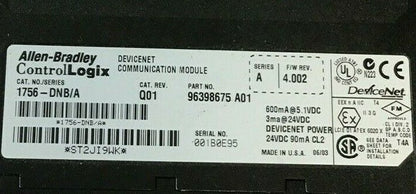 ALLEN BRADLEY 1756-DNB/A CAT.REV.Q01 SER. A F/W RE.4.002 DEVICENET COMMUNICATION