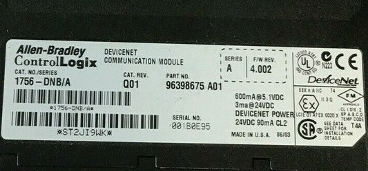 ALLEN BRADLEY 1756-DNB/A CAT.REV.Q01 SER. A F/W RE.4.002 DEVICENET COMMUNICATION