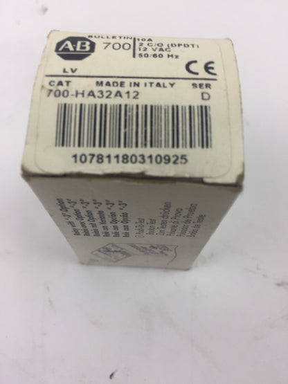 ALLEN BRADLEY 700-HA32A12 RELAY 10A 2 C/O (DPDT) 12 VAC 50/60HZ SERIES D